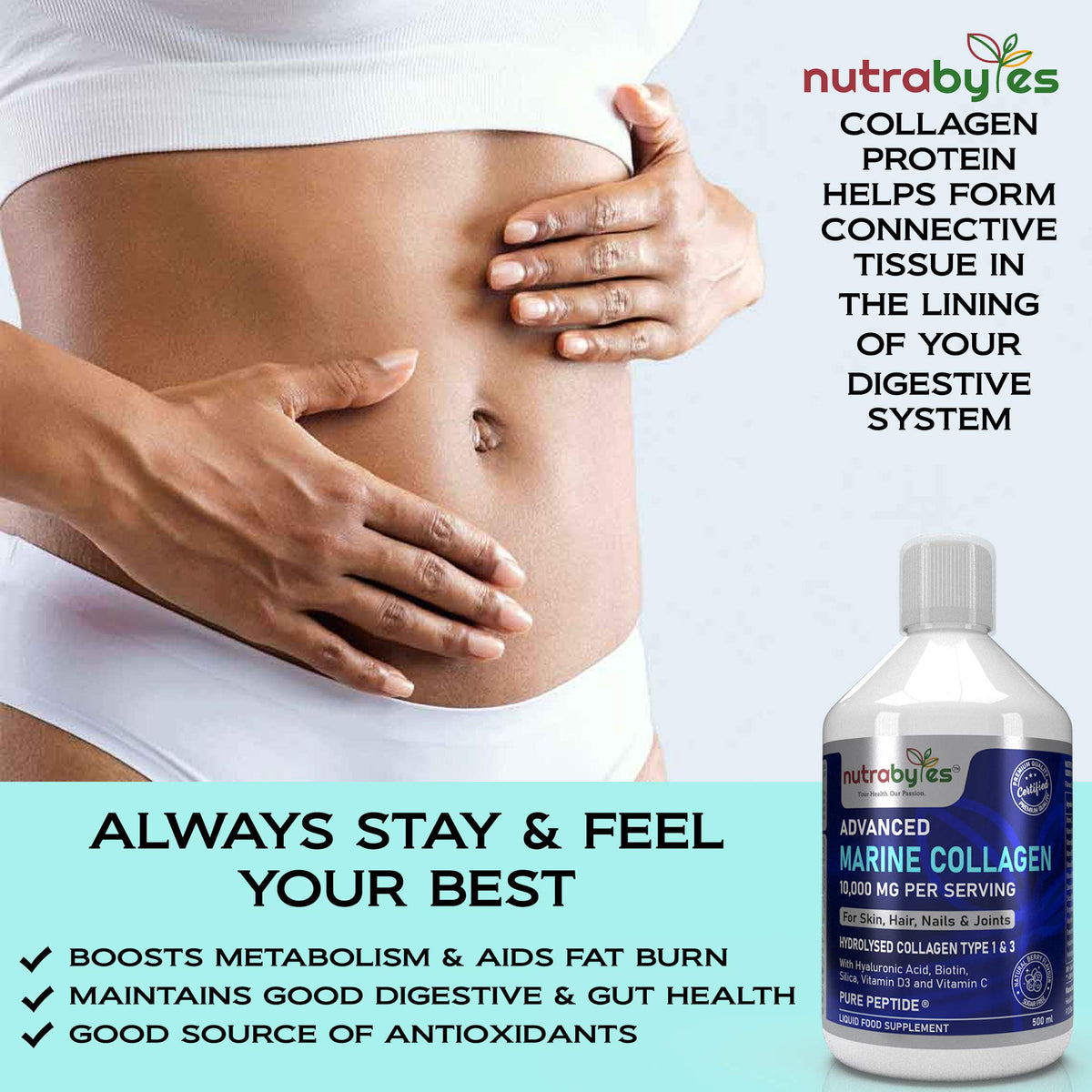 Marine Collagen Liquid 10000mg Sugar Free, Hydrolysed Peptides | Hyaluronic Acid, Biotin, Silica, Vitamin C, Vitamin D3 NUTRABYTESBuy Supplements Australia