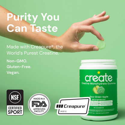 Create Creatine Monohydrate Gummies for Men & Women, Boost Focus, Strength, and Endurance, Anti-Melting Formula, Vegan, Gluten-Free, Non-GMO, 1.5g of Creatine per Gummy (Sour Green Apple) CreateBuy Supplements Australia