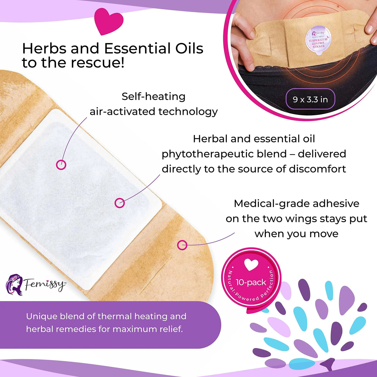 Heat Patches for Menstrual Cramps Based on Flow Strength, 10 Period Patches for Weak & Normal Flow & 1 Single Patch with Natural Herbs & Oils; Disposable Stick On Heating Pads Cramp-Free Period FemissyBuy Supplements Australia