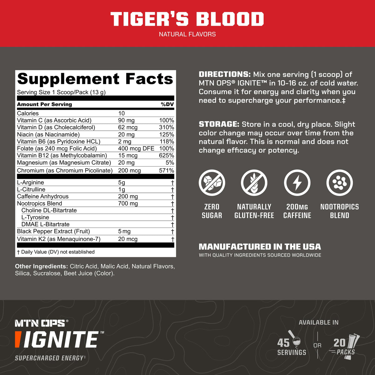 MTN OPS Ignite Trail Packs Energy Drink Powder, Gluten Free Nootropic Supplement Drink Mix, L Arginine, L Citrulline, Caffeine & Nootropic Sugar Free Drink Mix, 20 Servings, Tiger's Blood MTN OPSBuy Supplements Australia