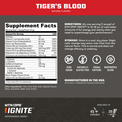 MTN OPS Ignite Trail Packs Energy Drink Powder, Gluten Free Nootropic Supplement Drink Mix, L Arginine, L Citrulline, Caffeine & Nootropic Sugar Free Drink Mix, 20 Servings, Tiger's Blood MTN OPSBuy Supplements Australia
