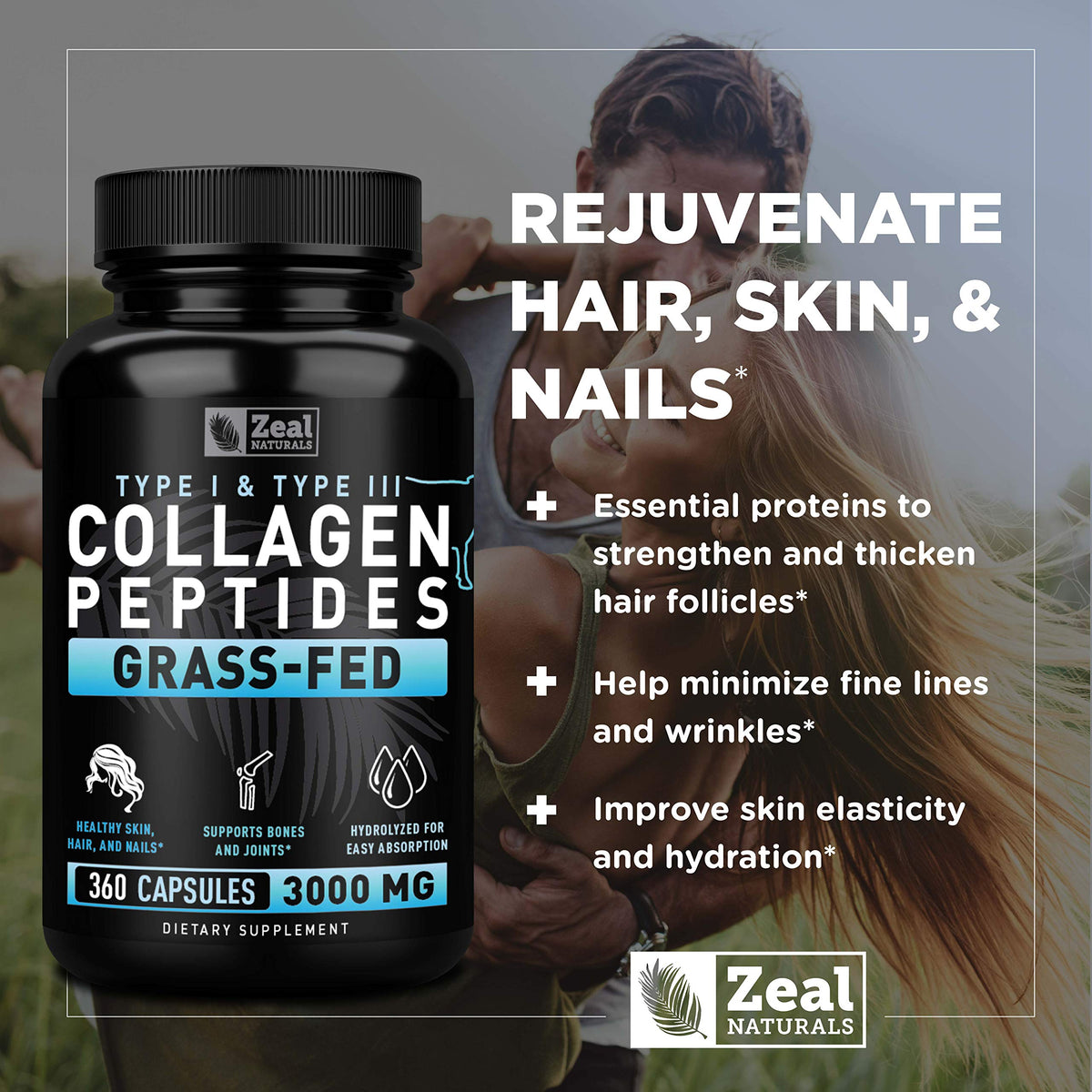 Zeal Naturals Collagen Peptides Collagen Pills (360 Capsules) Grass Fed Collagen Pepetide Powder - Hydrolyzed Collagen Powder for JointTendon SupplementHair Skin and Nails - Zeal NaturalsBuy Supplements Australia