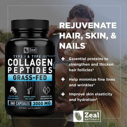 Zeal Naturals Collagen Peptides Collagen Pills (360 Capsules) Grass Fed Collagen Pepetide Powder - Hydrolyzed Collagen Powder for JointTendon SupplementHair Skin and Nails - Zeal NaturalsBuy Supplements Australia