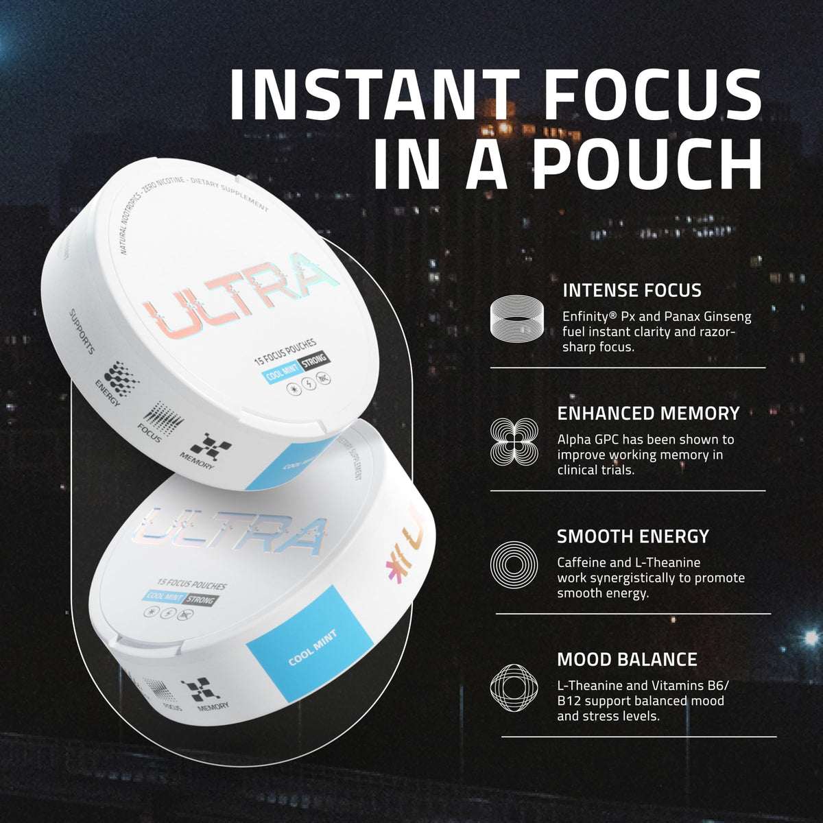 Ultra Focus Pouches (Variety Pack, 3 Cans) Nicotine-Free, Caffeine-Free | Enfinity Paraxanthine | Vitamin B6 + B12, L-Theanine, Alpha GPC, Ginseng | Nootropic Energy & Clarity Plant-Based Pouches Ultra PouchesBuy Supplements Australia