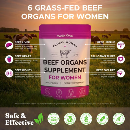 Primal Beef Organ Supplement for Women, Grass-Fed Ancestral Superfood Supplement with Uterus & Liver for Hormone Balance & Queen Energy - 60 Day Supply WellanovaBuy Supplements Australia