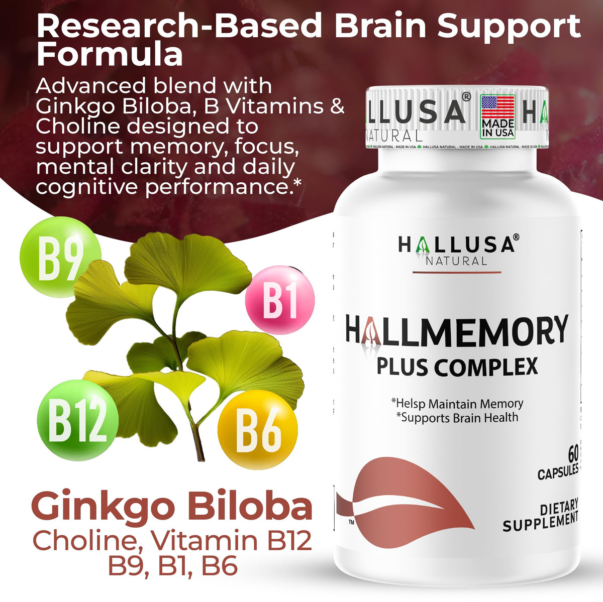 Hallusa Natural Brain Health Supplement Capsules 1680mg, Ginkgo Biloba, B Vitamins & Choline, Memory & Focus Support, Brain Booster for Men & Women, 60 Count Hallusa Natural buy supplements Au
