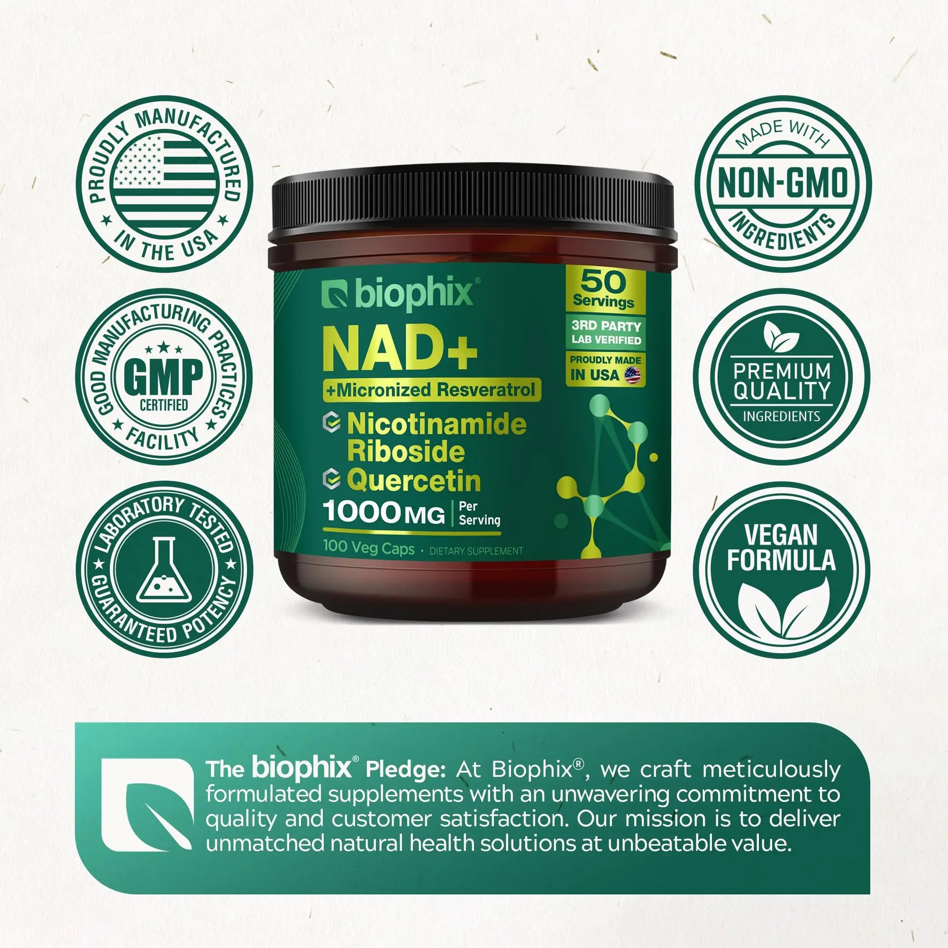 biophix NAD+ Liposomal Supplement for Women & Men - 1000 mg per Serving - Nicotinamide Riboside, Micronized Resveratrol & Quercetin Complex - 100 Veg Capsules - Non-GMO, Gluten-Free, cGMP Certified biophixBuy Supplements Australia