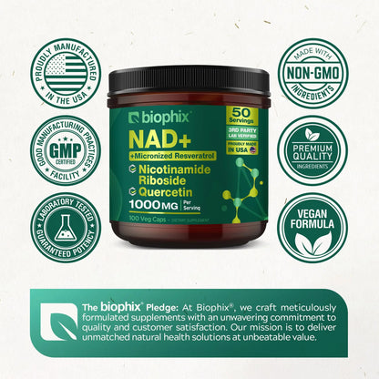biophix NAD+ Liposomal Supplement for Women & Men - 1000 mg per Serving - Nicotinamide Riboside, Micronized Resveratrol & Quercetin Complex - 100 Veg Capsules - Non-GMO, Gluten-Free, cGMP Certified biophixBuy Supplements Australia