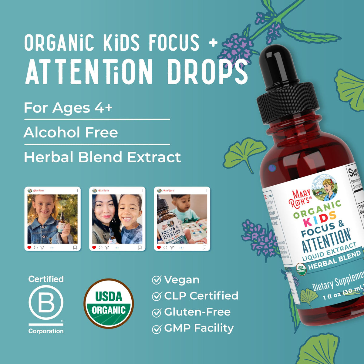 MaryRuth Organics Kids Focus & Attention Drops | USDA Organic Drops | Ginkgo Biloba | Rhodiola Root & Licorice Root | Adaptogenic | Calm | Vegan | Non-GMO | Gluten Free | 30 Servings MARYRUTH'SBuy Supplements Australia
