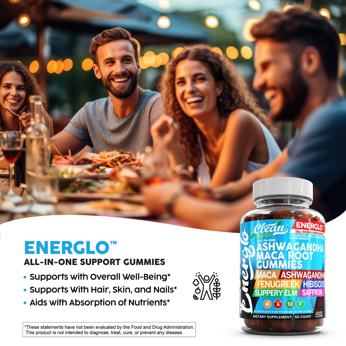 Ashwagandha Maca Root Gummies with Fenugreek Hibiscus Slippery Elm Saffron Extract & Beta Carotene | Peach Flavor Vegan Gummy Vitamins Adaptogen Cortisol Supplement Energlo by Clean Nutra Clean NutraceuticalsBuy Supplements Australia