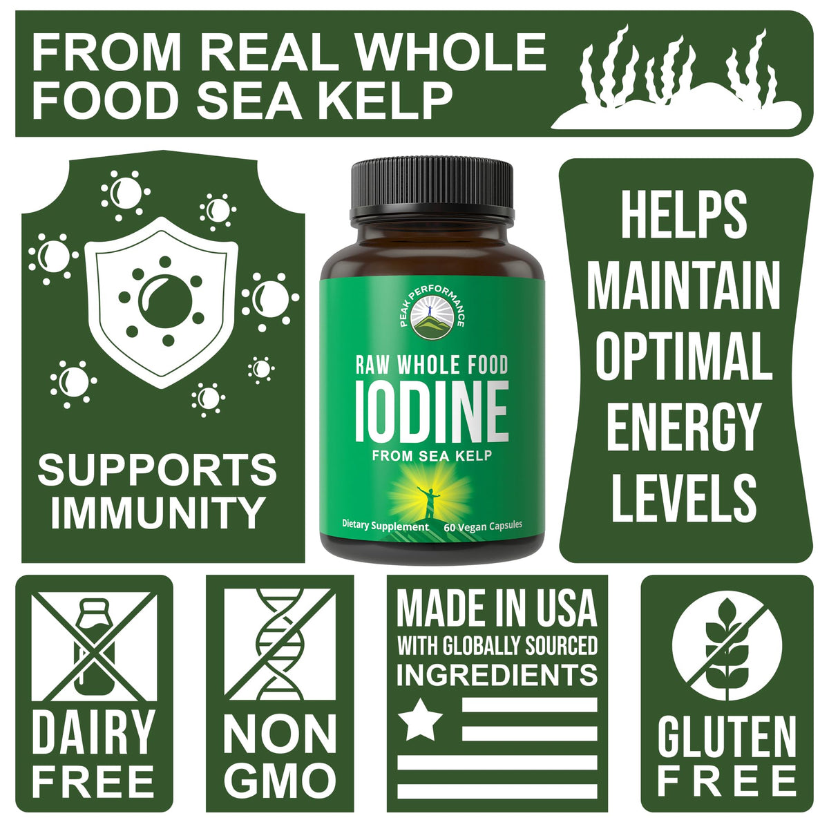 Raw Whole Food Iodine Supplement from Organic Kelp (Ascophyllum Nodosum) by Peak Performance. Potassium Iodide Support Tablets. for Metabolism, Energy, and Immune. 60 Vegan Capsules, Pills. Peak PerformanceBuy Supplements Australia