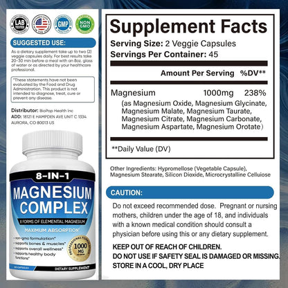 Magnesium Complex Supplement 8 Elemental 1000mg with Glycinate,Citrate for Muscle, Recovery, Stress, Energy, Bone Health, Vegan Non-GMO 180 Capsules, Magnesium Supplement for Women, Men, 2 Bottle caicieter buy supplements Au