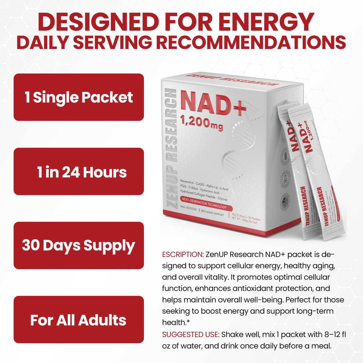 ZenUP Liquid NAD, Extra Strength 1,200mg NAD+ Supplement with CoQ10, Resveratrol, D-Ribose & PQQ for Men & Women, Natural NAD+ Stick for Anti-Aging, Energy, Focus - 30 Packets ZenUPBuy Supplements Australia