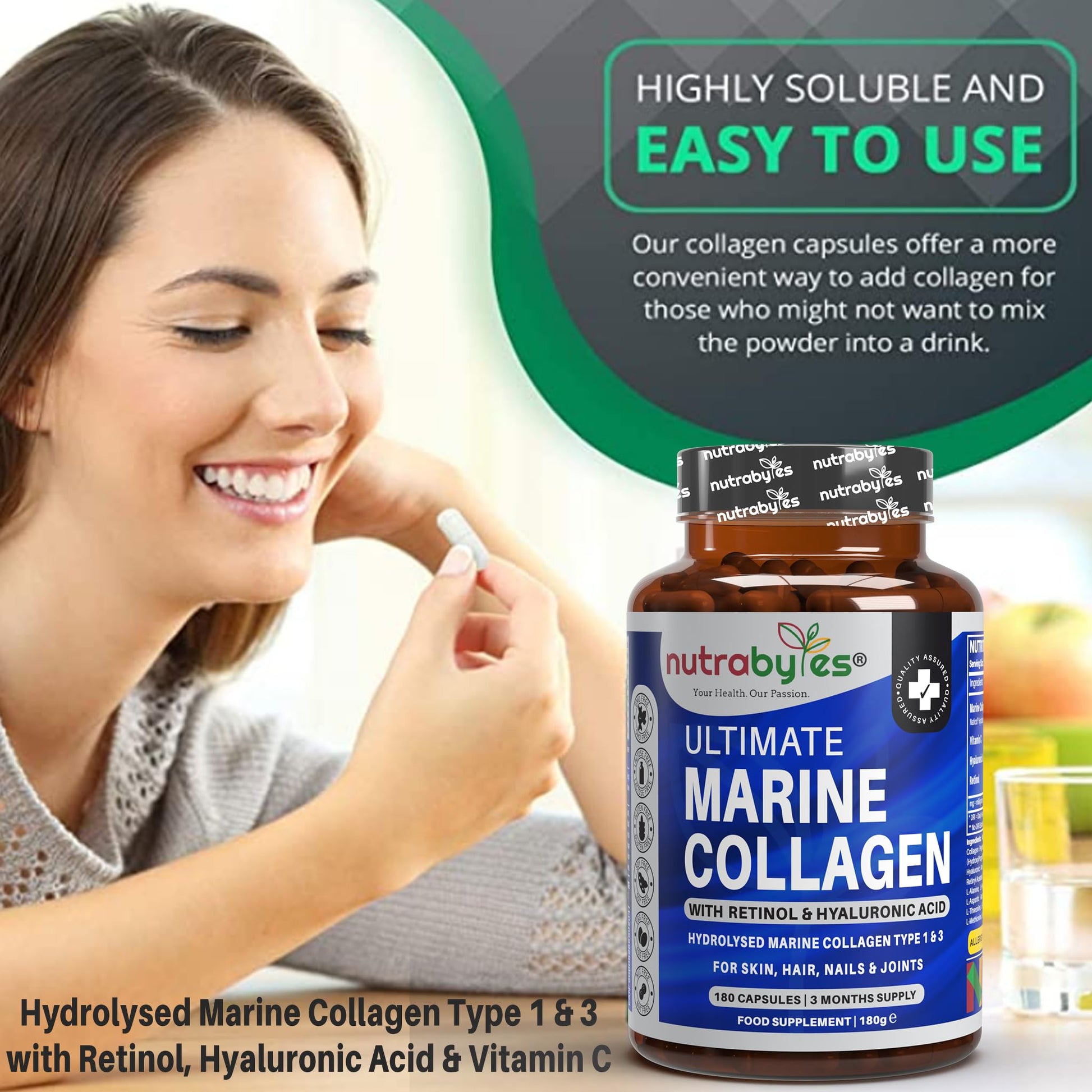 High Strength Marine Collagen with Hyaluronic Acid, Retinol and Vitamin C | 180 Capsules - 3 Months Supply NUTRABYTESBuy Supplements Australia