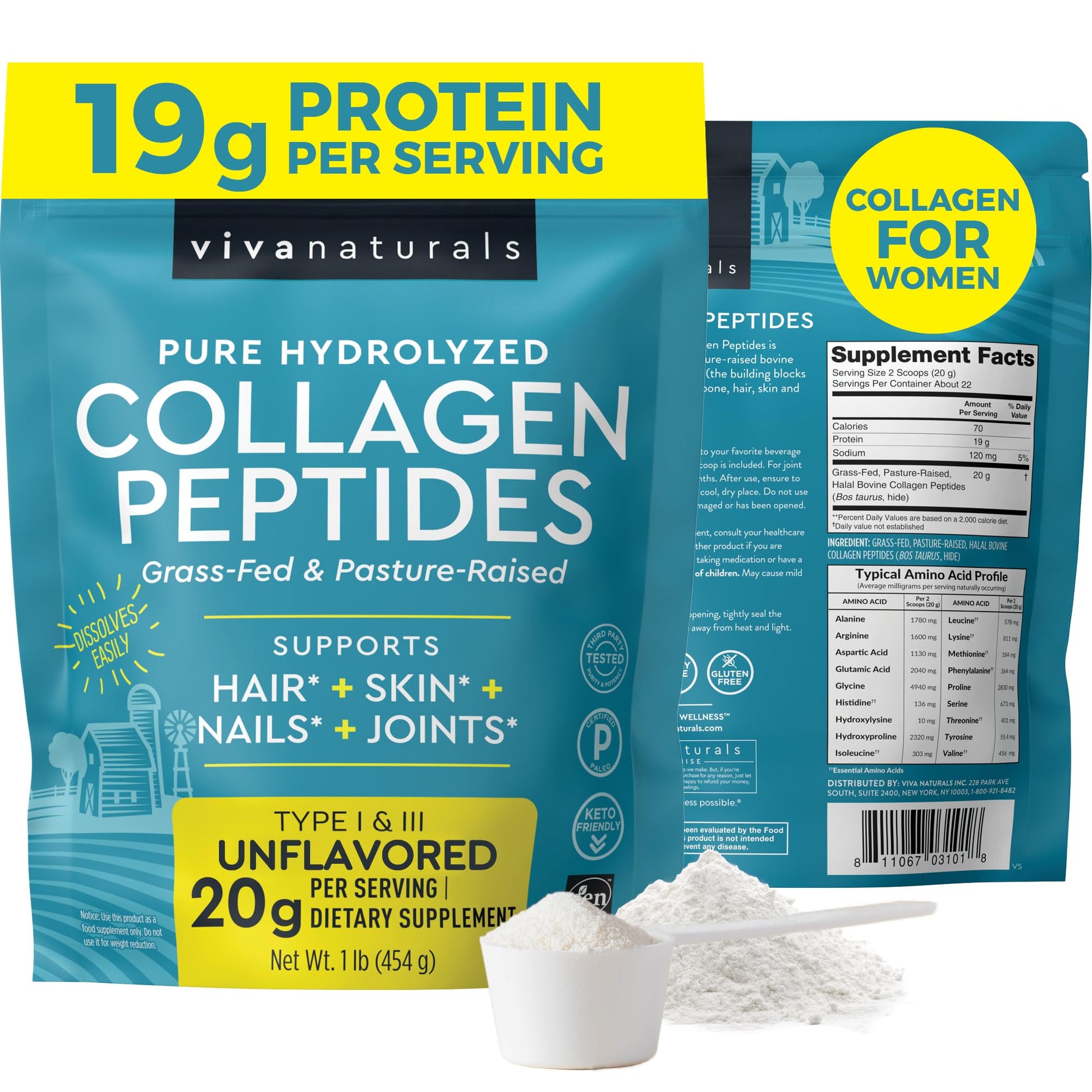 Viva Naturals Collagen Peptides Powder - Grass-Fed Hydrolyzed Bovine, Type I & III - 19 g Protein, Unflavored, Easy Dissolving - Joint, Skin, Hair & Nail Support - Paleo, Keto, Non-GMO - 1lb Viva Naturals buy supplements Au