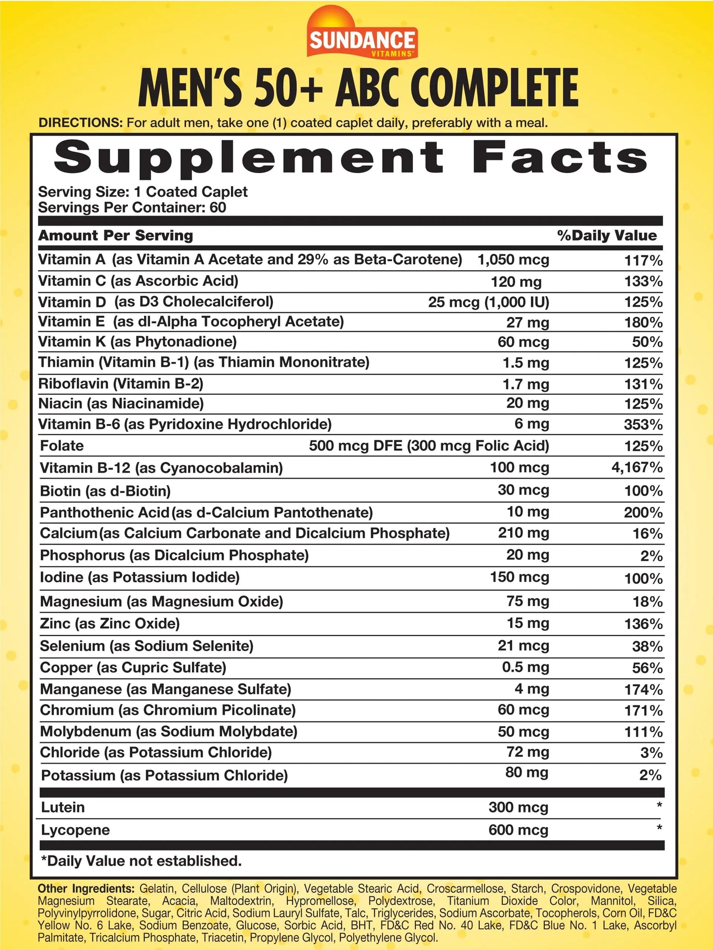 Sundance Men's 50+ Multivitamin Caplets | with Vitamins A, C, E, B6, B12 | Multimineral Formula | Non-GMO & Gluten Free Supplement Sundance