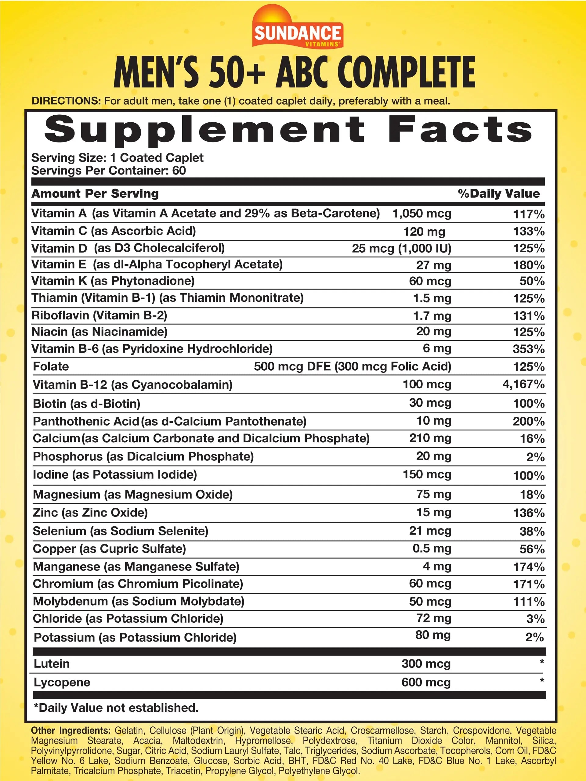 Sundance Men's 50+ Multivitamin Caplets | with Vitamins A, C, E, B6, B12 | Multimineral Formula | Non-GMO & Gluten Free Supplement Sundance