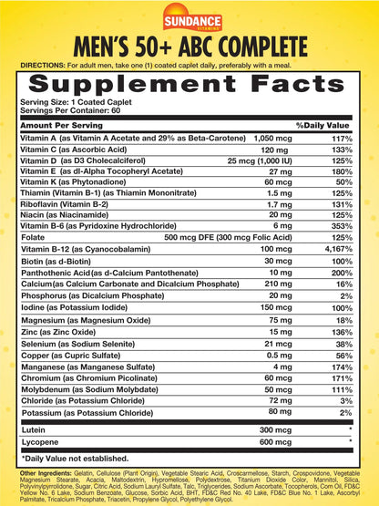 Sundance Men's 50+ Multivitamin Caplets | with Vitamins A, C, E, B6, B12 | Multimineral Formula | Non-GMO & Gluten Free Supplement Sundance