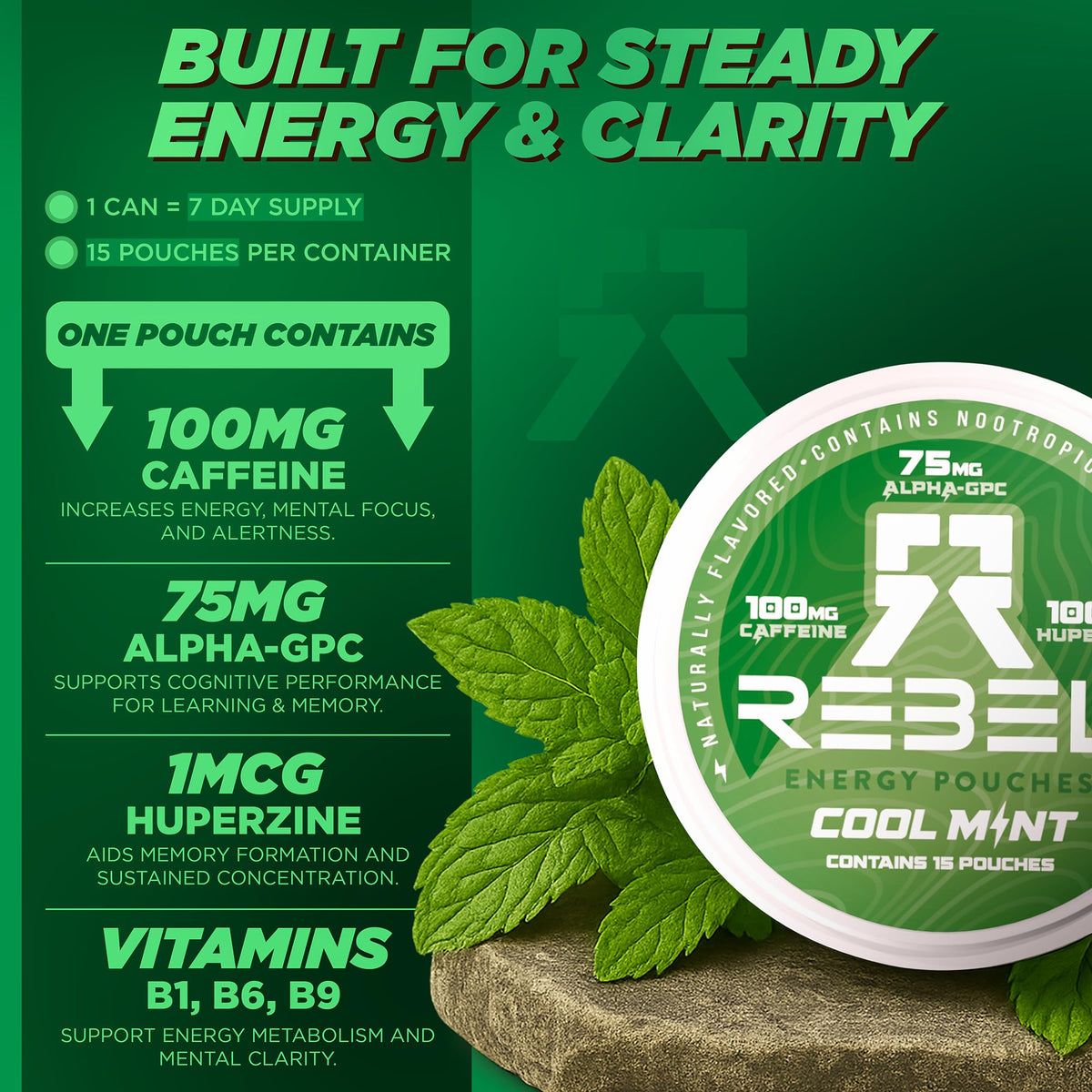 Rebel Nootropic Energy Caffeine Pouches (Cool Mint) • 100mg Caffeine • Alpha GPC • Huperzine A & Essential Vitamins • Sugar-Free • Coconut Fiber Technology • 15 Pouches Per Can (Pack of 4) Rebel SupplementsBuy Supplements Australia
