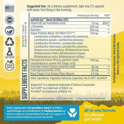 myPEAK PeakBiotic: The Ultimate Vegan Synbiotic with 50 Billion CFU Probiotics Prebiotics Postbiotics Modbiotics and Gut Lining to Enhance Digestion, Skin, and Mood with 2-Month Supply, 60 Capsules myPEAKBuy Supplements Australia