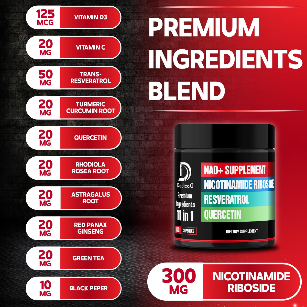 DEDICAD 11in1 NAD Supplement with Nicotinamide Riboside, Quercetin, Resveratrol and 8 More - 2 Month Supply DEDICADBuy Supplements Australia