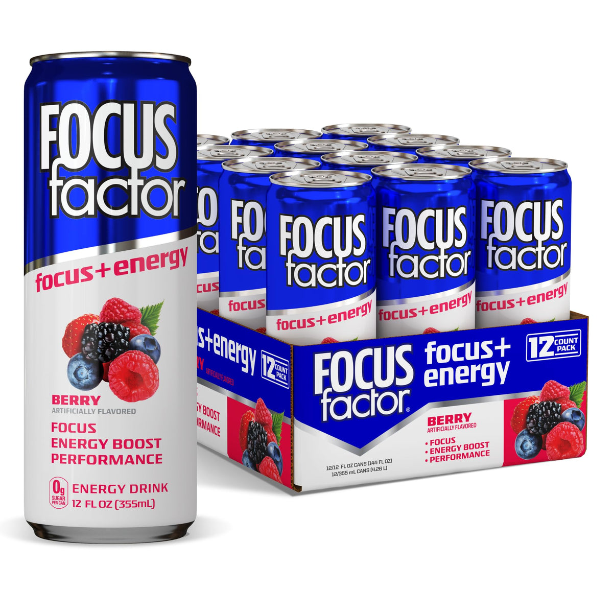 Focus Factor Energy Drink - 12 x 355ml Cans (Berry Flavour) - with Focus + Energy - Lightly Carbonated, Sugar Free, Low Calorie with Vitamin B6 & Vitamin B12 Focus FactorBuy Supplements Australia