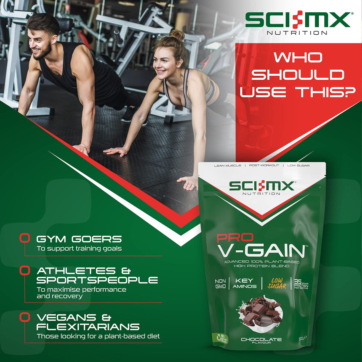 SCI-MX Pro V Gain 100% Plant Based Vegan Protein Formula With No Added Sugar - Chocolate Flavour - 900g - 20 SERVINGS SCI-MXBuy Supplements Australia