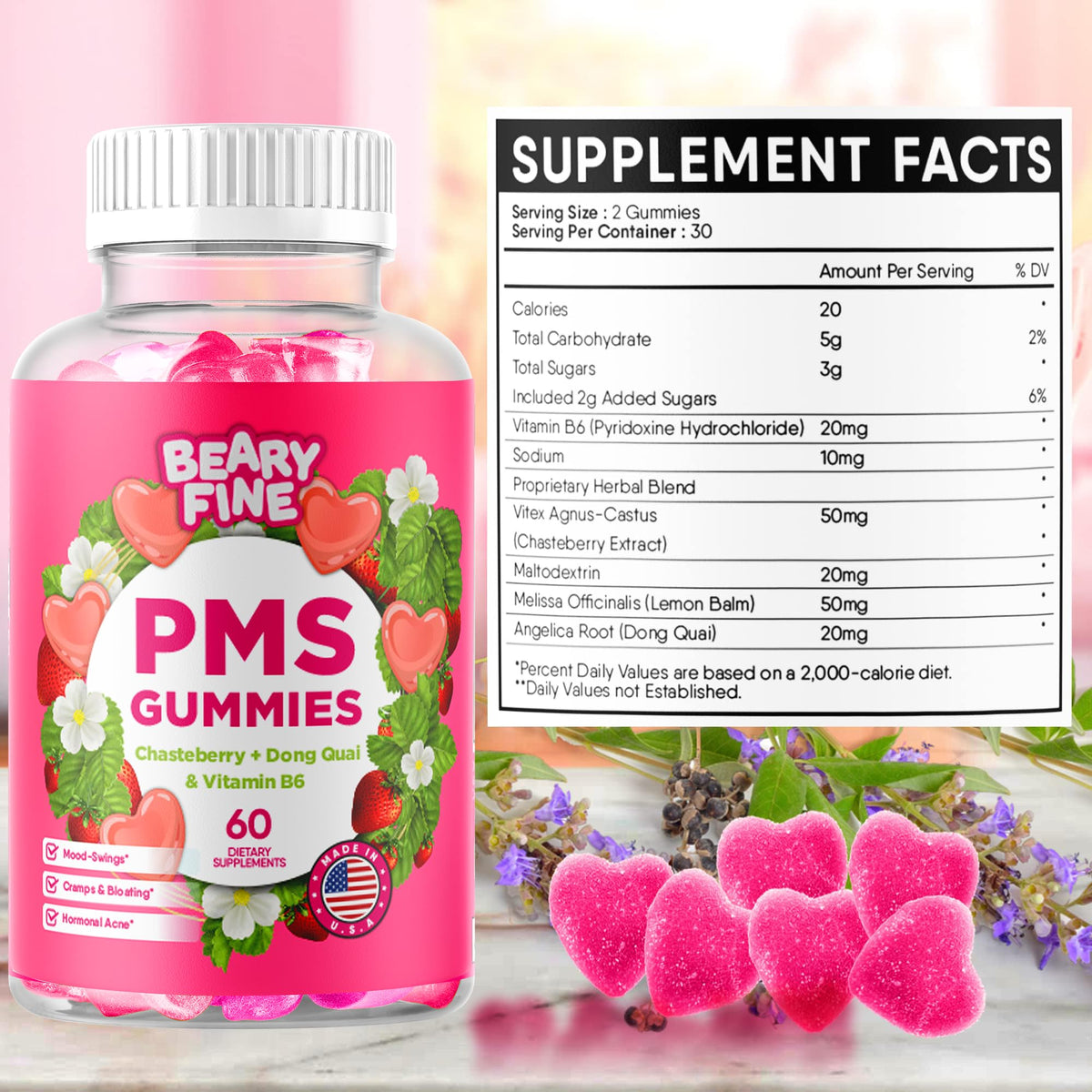 Beary Fine PMS Gummies - PMS Vitamins for Women & Teens - PMS Period Relief - Cramping, Bloating, Mood Swings - Made in The USA (Strawberry, 60 Count) Beary FineBuy Supplements Australia