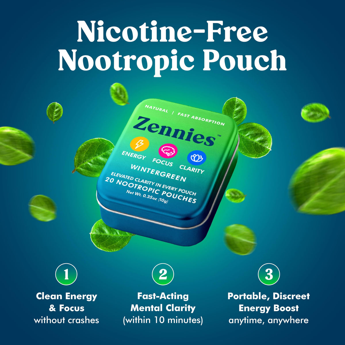Zennies Caffeine Nootropic Pouches with Alpha GPC, L-Tyrosine & L-Theanine, Lion's Mane, Cordyceps, Reishi - Nicotine Free, No Sugar or Artificial Sweeteners Nootropic Energy Pouches, Wintergreen 1 PK ParroxBuy Supplements Australia