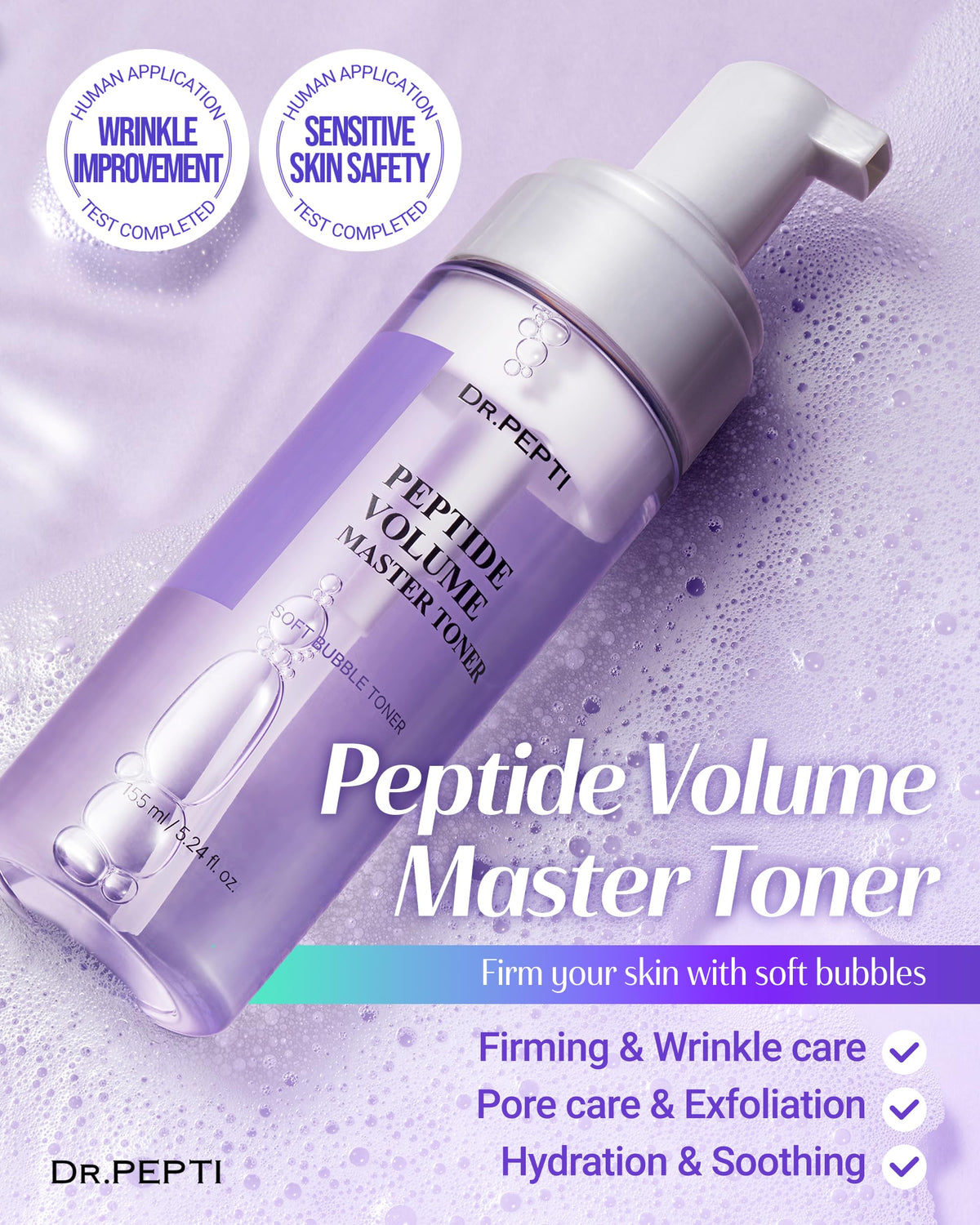 DR.PEPTI Peptide Volume Toner – 12 Peptides, Volufiline™ & 54% Centella Base – No-Drip Bubble Treatment Toner, Firming & Plumping with 8-Type Hyaluronic Acid & Collagen, 5.24 fl oz dr.pepti buy supplements Au
