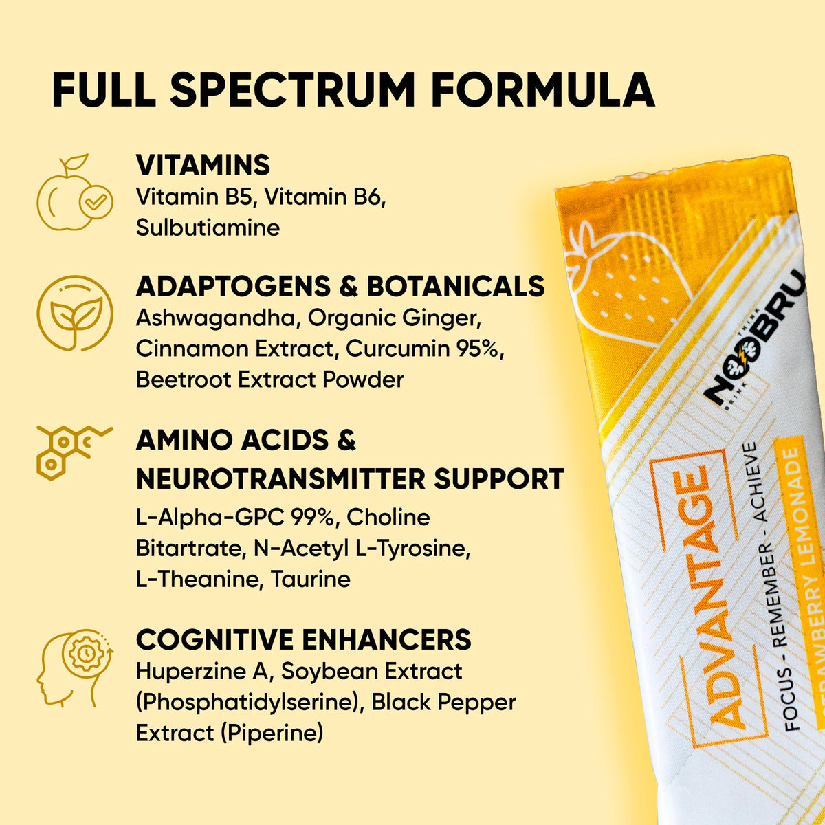 Noobru Аdvantage Nootropic - Delicious Nootropics Brain Supplement with 11 Active Ingredients - Natural Cognitive Enhancer - 20 Strawberry Lemonade Sachets - 1 Month Supply, 20 Count (Pack of 1) NoobruBuy Supplements Australia