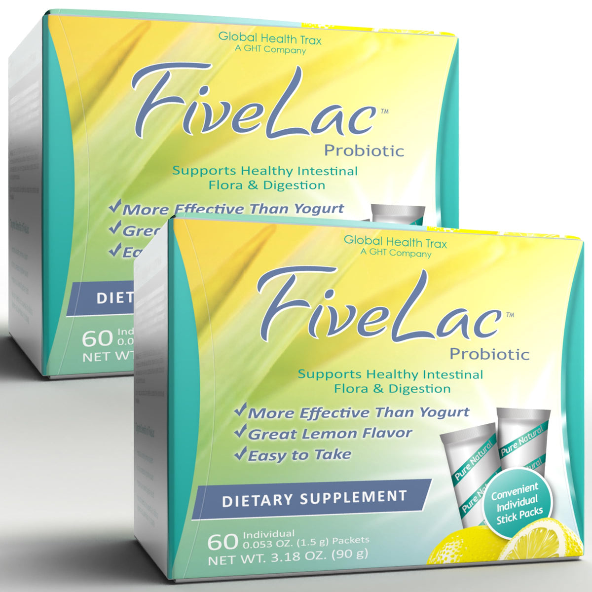 Global Health Trax GHT - FiveLac Lemon Probiotic Powder Drink Mix, Probiotics for Women, Men & Kids - Smooth Digestive Support & Elimination - Relieves Constipation & Gas - 60 Packets (2 Pack) Non-GMO ght Global Health TraxBuy Supplements Australia