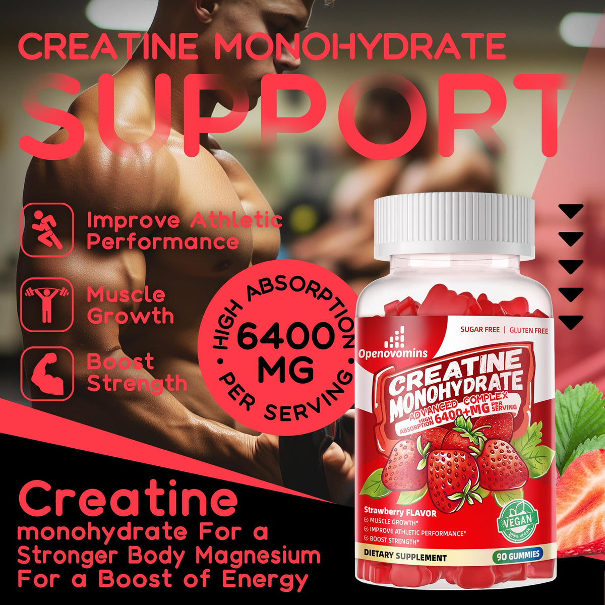Creatine Monohydrate Gummies Complex for Men & Women -Advanced Formula W/L-Taurine + Vitamin B12, Sugar Free Chewable Supplement,90 Strawberry Gummies OpenovominsBuy Supplements Australia