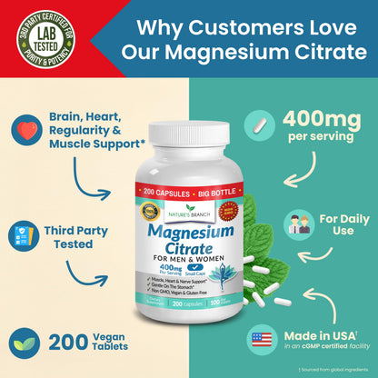 Magnesium Citrate 400mg | 200 Capsules, High Absorption for Sleep, Relax, Leg Cramps, Energy, Extra Strength Easy to Swallow Small Pills for Women & Men, Vegan Supplement for Digestion, Not Tablets NATURE'S BRANCHBuy Supplements Australia