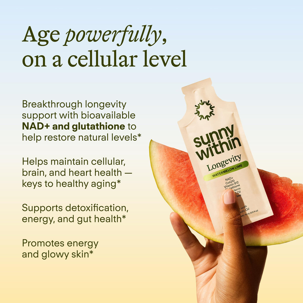 Sunny Within Longevity – Liposomal NAD+ Glutathione Supplement w/Liquid NAD+, CoQ10, B12, MCT & Avocado Oil – Cellular Health, Energy, Brain, Gut & Heart Support* – Watermelon Lime – 30 Pouches Sunny WithinBuy Supplements Australia