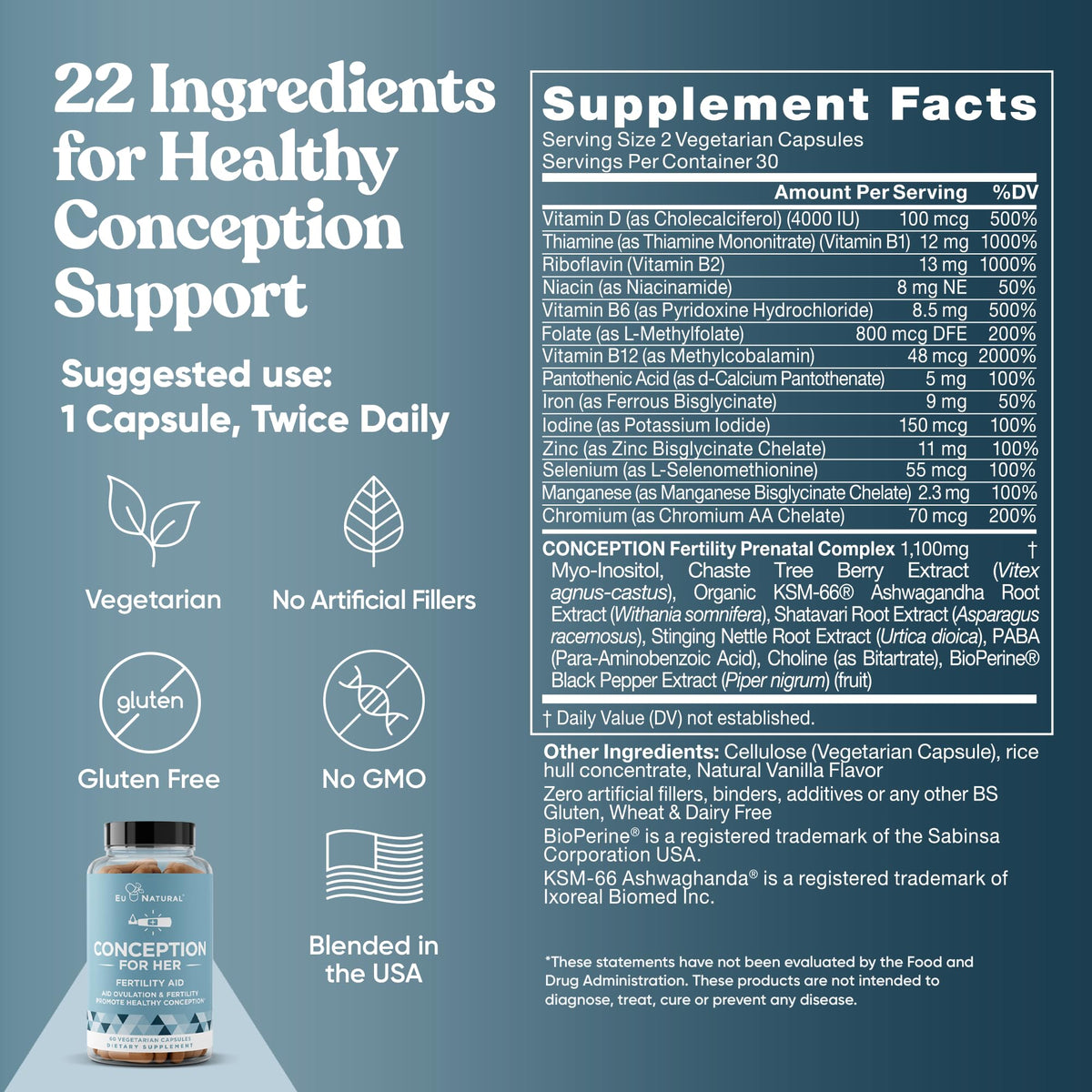 Eu Natural Conception for Her Fertility Supplements for Women - Ovulation, Hormonal Balance & Regular Cycle Support - Myo-Inositol, Folate, Folic Acid & Vitex - 60 Vegetarian Capsules Eu NaturalBuy Supplements Australia