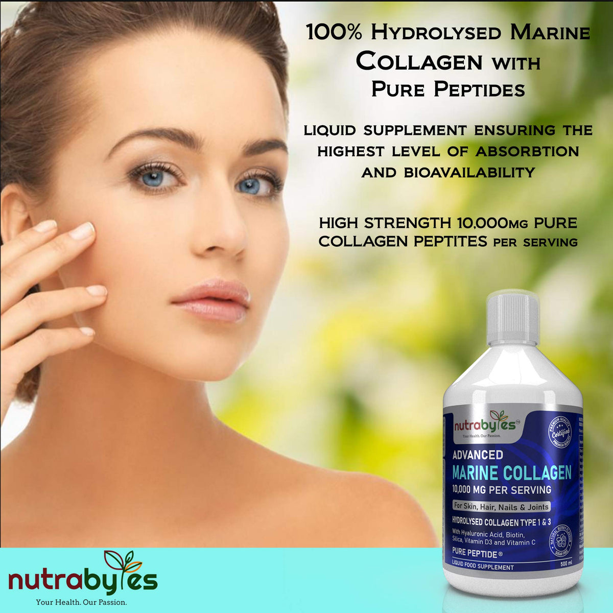 Marine Collagen Liquid 10000mg Sugar Free, Hydrolysed Peptides | Hyaluronic Acid, Biotin, Silica, Vitamin C, Vitamin D3 NUTRABYTESBuy Supplements Australia