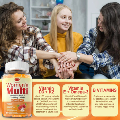 Womens Multivitamin Gummy with Omega 3（DHA/EPA), Vitamin D3 K2, Calcium, Inositol, Daily Womens Vitamin A C E B Complex LILICAREBuy Supplements Australia