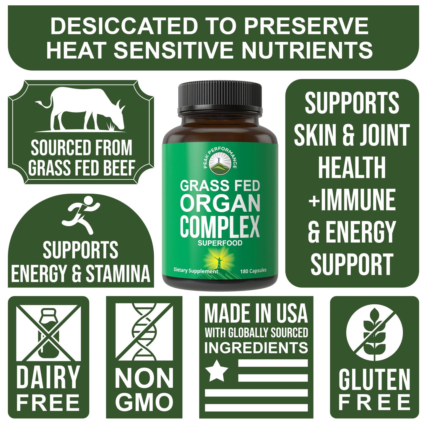 Peak Performance Grass Fed Beef Organ Complex from New Zealand (180 Capsules) Desiccated Organs Superfood Pills. GrassFed Beef Liver Capsules with Heart, Kidney, Pancreas, Spleen. Supplement Peak PerformanceBuy Supplements Australia
