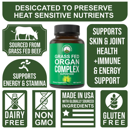 Peak Performance Grass Fed Beef Organ Complex from New Zealand (180 Capsules) Desiccated Organs Superfood Pills. GrassFed Beef Liver Capsules with Heart, Kidney, Pancreas, Spleen. Supplement Peak PerformanceBuy Supplements Australia