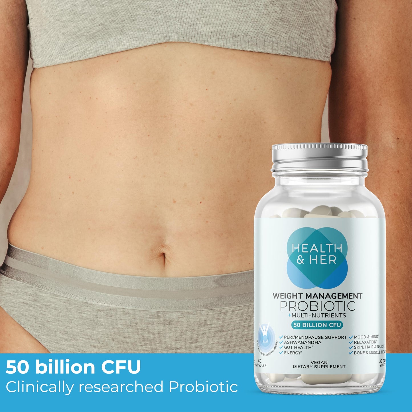 Health & Her Weight Management Probiotics for Women - Perimenopause & Menopause Supplement - Clinically Studied 50bn CFU Probiotics to Support Gut Health, Energy, Mood & Mind, Vegan (60 ct - 1 Month) Health and HerBuy Supplements Australia