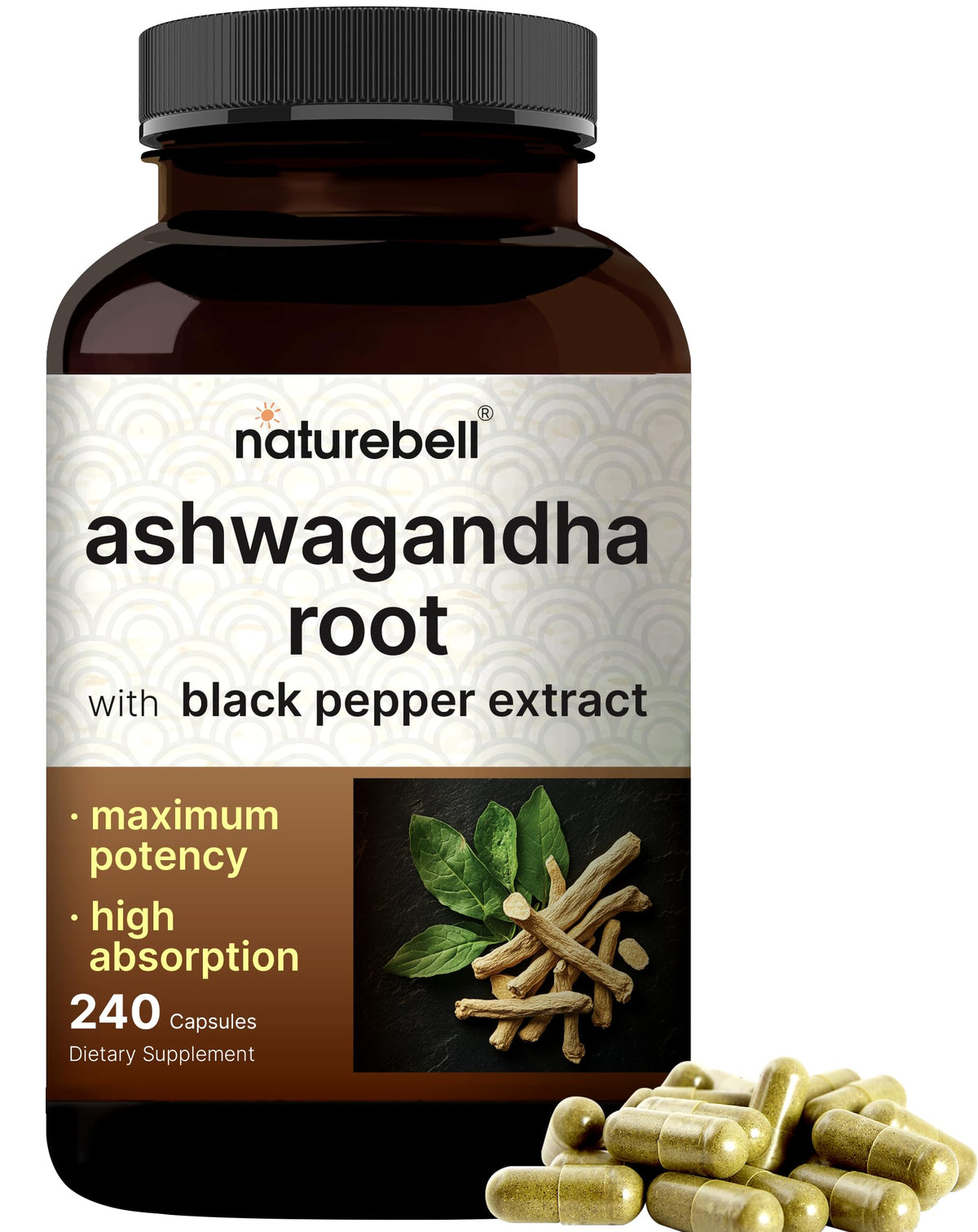 NatureBell Ashwagandha Root with Black Pepper Extract - 240 Capsules - High Strength Adaptogen for Calmness, Relaxation & Immune Support* NatureBellBuy Supplements Australia