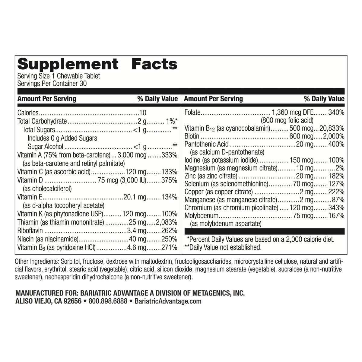 Bariatric Advantage Chewable Ultra Solo Without Iron - Once-Per-Day Daily Multivitamin - for Bariatric Surgery Patients Bariatric Advantage