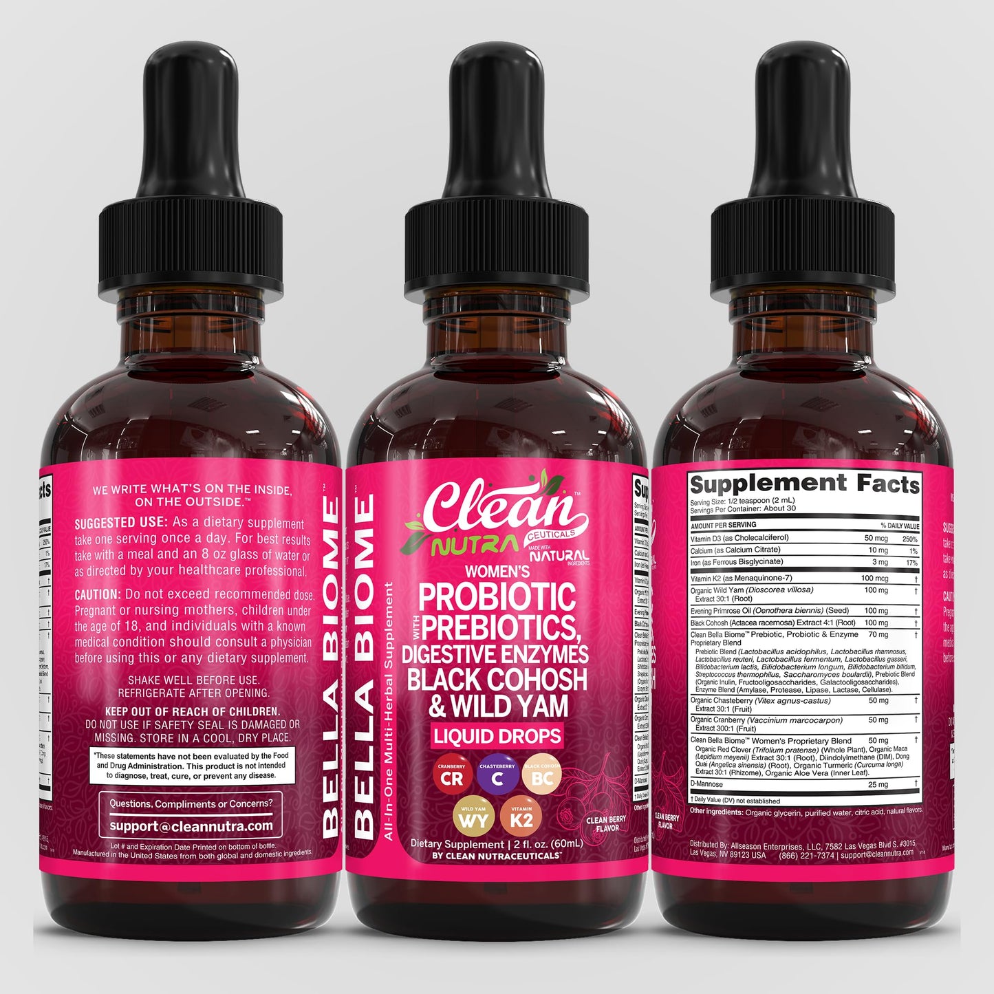 Liquid Probiotics for Women Drops with Chasteberry, Black Cohosh, Prebiotics, Digestive Enzymes, Evening Primrose Oil, Wild Yam, Cranberry Dmannose and Iron Vitamin D3 K2 Clean Nutra Bella Biotics Clean NutraceuticalsBuy Supplements Australia