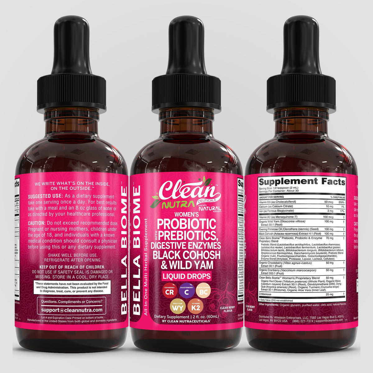 Liquid Probiotics for Women Drops with Chasteberry, Black Cohosh, Prebiotics, Digestive Enzymes, Evening Primrose Oil, Wild Yam, Cranberry Dmannose and Iron Vitamin D3 K2 Clean Nutra Bella Biotics Clean NutraceuticalsBuy Supplements Australia