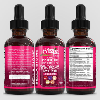 Liquid Probiotics for Women Drops with Chasteberry, Black Cohosh, Prebiotics, Digestive Enzymes, Evening Primrose Oil, Wild Yam, Cranberry Dmannose and Iron Vitamin D3 K2 Clean Nutra Bella Biotics Clean NutraceuticalsBuy Supplements Australia