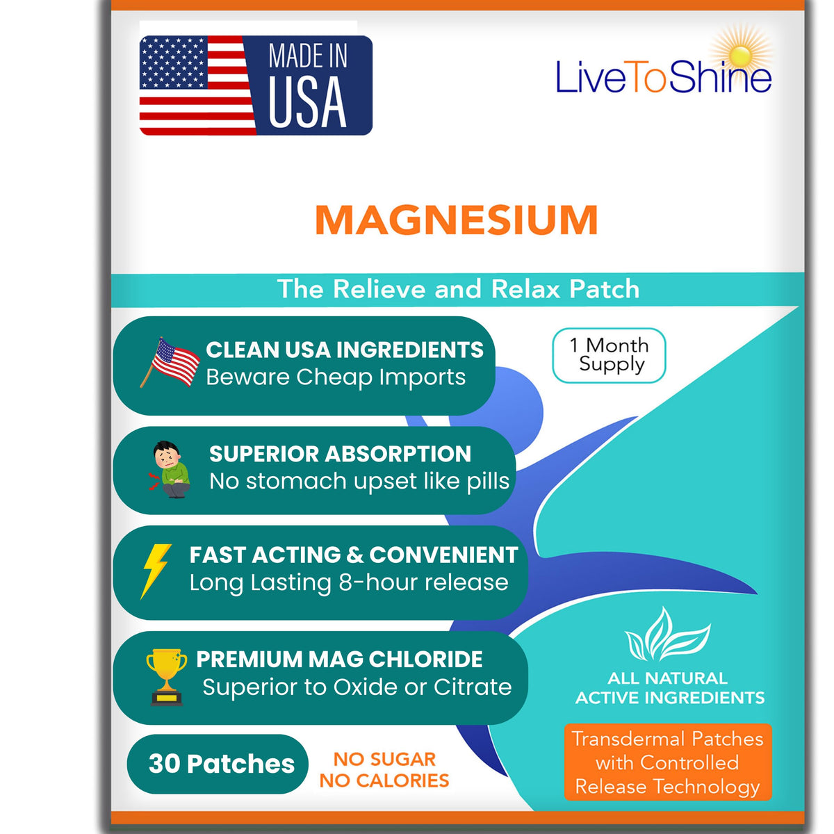 Magnesium Patches for Men and Women - Sleep Support & Relaxation, Muscle Recovery, Nerve Function - USA Made - 30 Premium Fast-Acting, Slow-Release Patches - Live To Shine Live To ShineBuy Supplements Australia