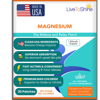 Magnesium Patches for Men and Women - Sleep Support & Relaxation, Muscle Recovery, Nerve Function - USA Made - 30 Premium Fast-Acting, Slow-Release Patches - Live To Shine Live To ShineBuy Supplements Australia