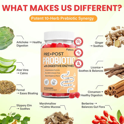 Probiotics for Women and Men, with 15 Prebiotics, 16 Digestive Enzymes & Postbiotics - Probiotics for Digestive Health & Bloating, Probiotic Gummies for Gut Health & Immunity, Sugar-Free, 60 Gummies FletorraBuy Supplements Australia