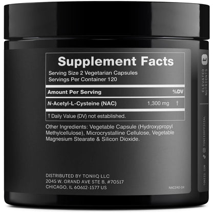 Toniiq 1300mg NAC - 4 Month Supply - Min. 98%+ Tested Purity - Ultra High Strength Bioavailable NAC Cysteine Supplement - 240 Vegetarian N Acetyl Cysteine Capsules -Lab Tested TQ Toniiq buy supplements Au